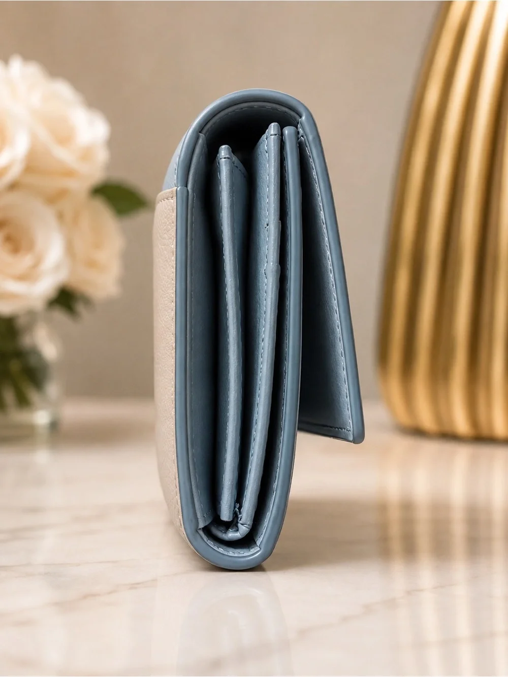 MCM Two-Tone Pebbled Leather Long Wallet in Light Blue and Gray